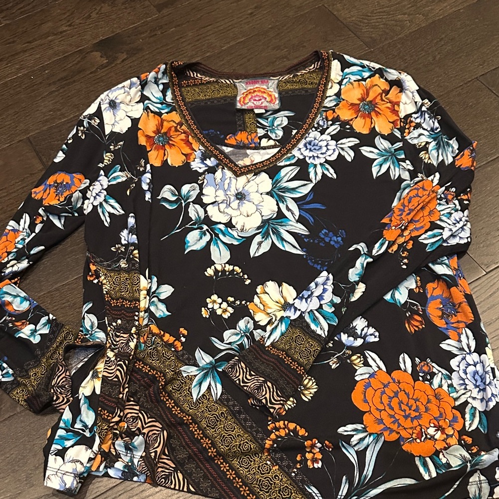 Johnny Was Black Floral Blouse with Orange and Blue Accents